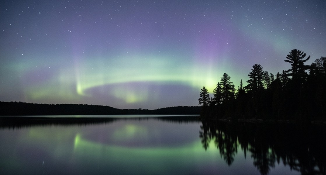 The aurora borealis in green and violet over a still lake in a Northern Ontario dark-sky preserve