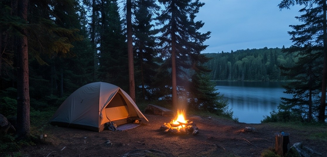 A simple tent campsite on Northern Ontario crown land at dusk with a small campfire and a quiet lake behind it