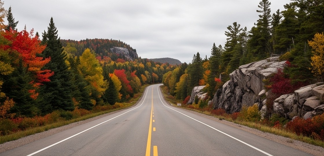 A scenic Northern Ontario highway in autumn with red and gold foliage against dark evergreen forest