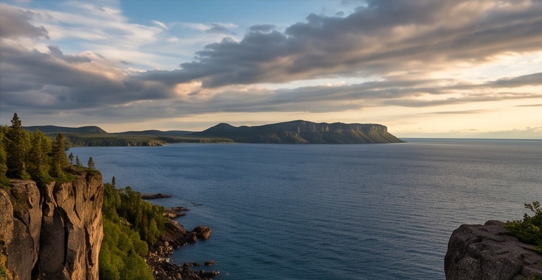 The Sleeping Giant rock formation viewed across Lake Superior from a cliff-top lookout near Thunder Bay
